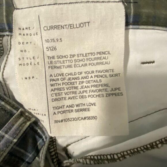 Current/Elliott The Soho Zip Stiletto Pencil  Plaid Skirt Size 26/0 Muted Olive - Picture 9 of 13